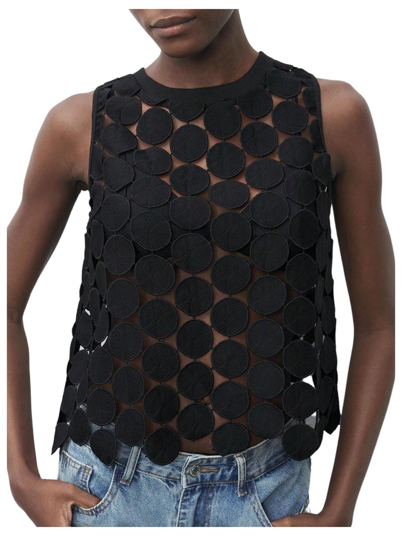 SHENHE Women's Sheer Tank Tops See Through Polka Dots Asymmetrical Top 2026 Summer Sleeveless Shirts Black Medium - Image 1