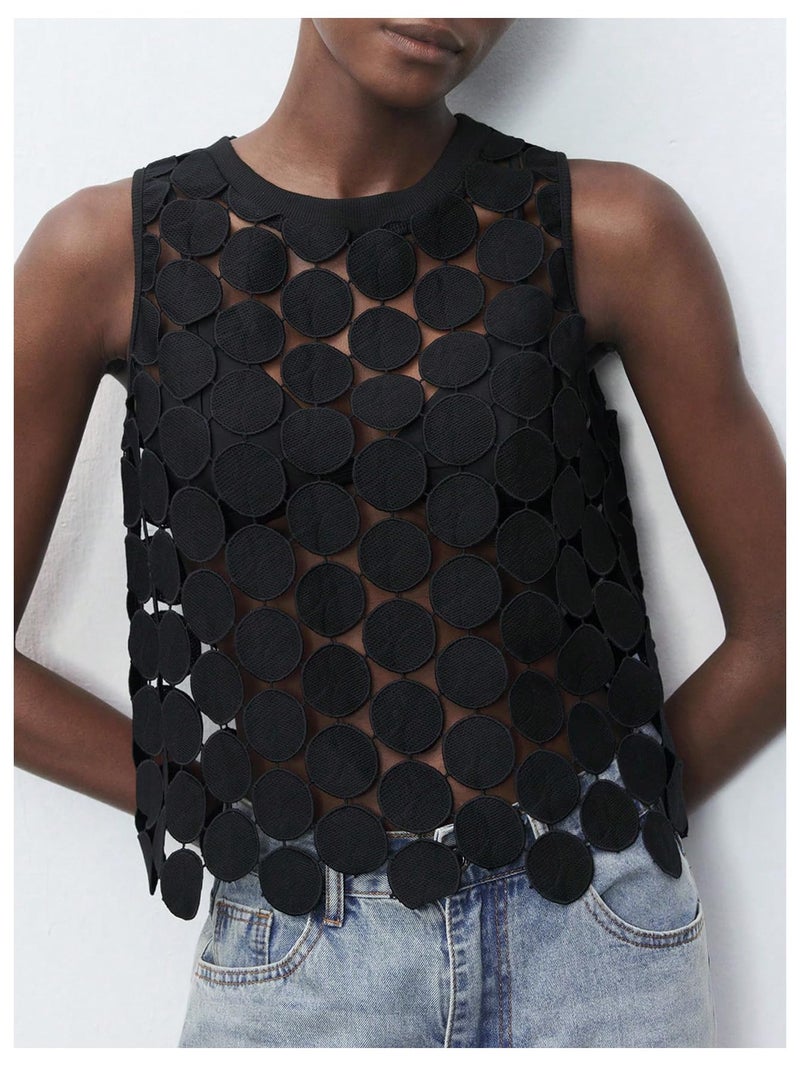 SHENHE Women's Sheer Tank Tops See Through Polka Dots Asymmetrical Top 2026 Summer Sleeveless Shirts Black Medium - Image 3