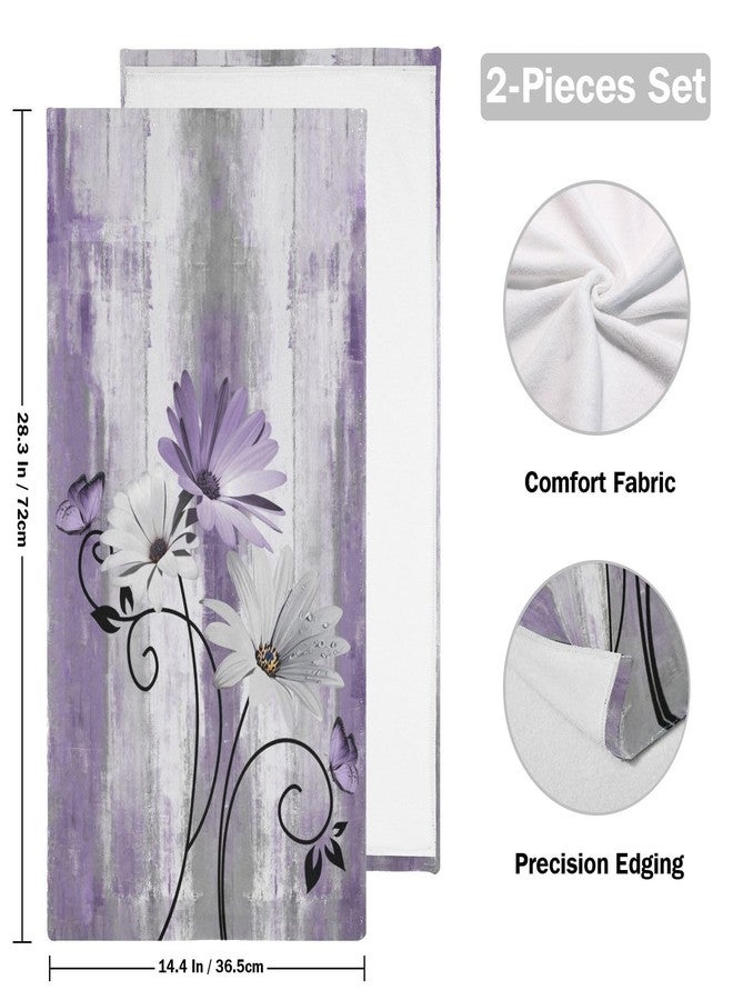 AIYOOLER Purple Daisy Hand Towels for Bathroom Set of 2 Soft Absorbent Rustic Floral Butterfly Country Wooden Bath Towels Decorative Kitchen Dish Towel Farm Bathroom Towels for Guest Shower 28x14in - Image 2