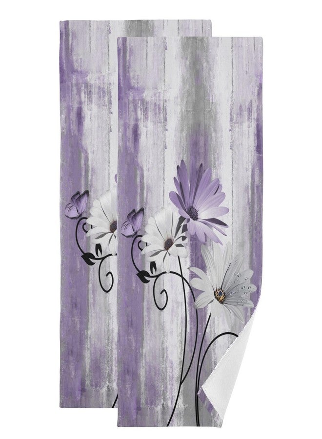 AIYOOLER Purple Daisy Hand Towels for Bathroom Set of 2 Soft Absorbent Rustic Floral Butterfly Country Wooden Bath Towels Decorative Kitchen Dish Towel Farm Bathroom Towels for Guest Shower 28x14in - Image 1