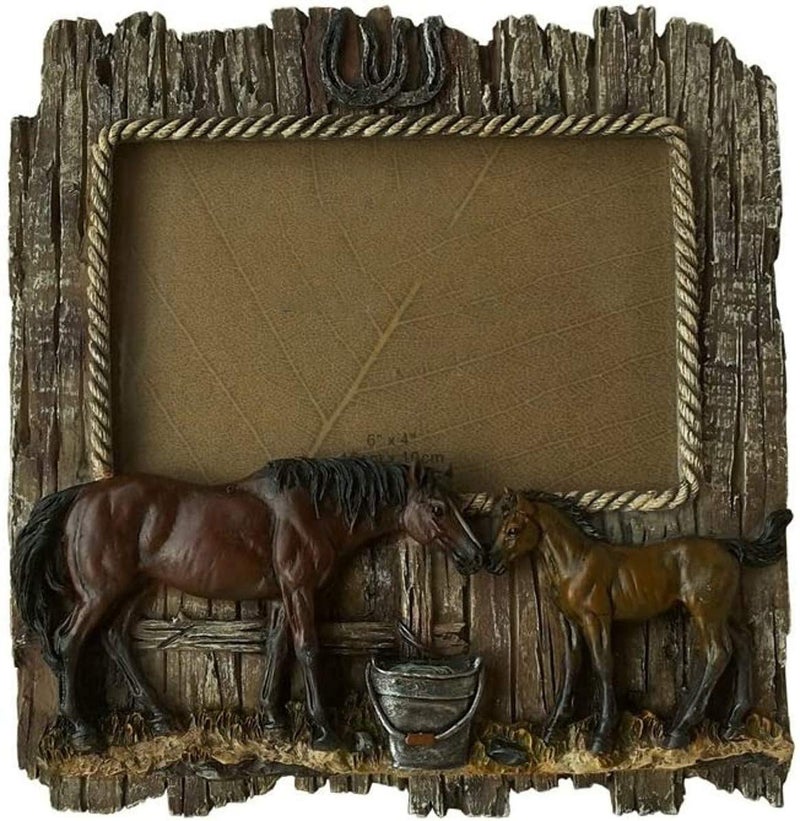 Comfy Hour Comfy Hour Western Retro Collection Wild Rustic Wood Imitated Double Horse 6 x 4 Photo Picture Frame Aged Old Fashioned  Brown Polyresin 