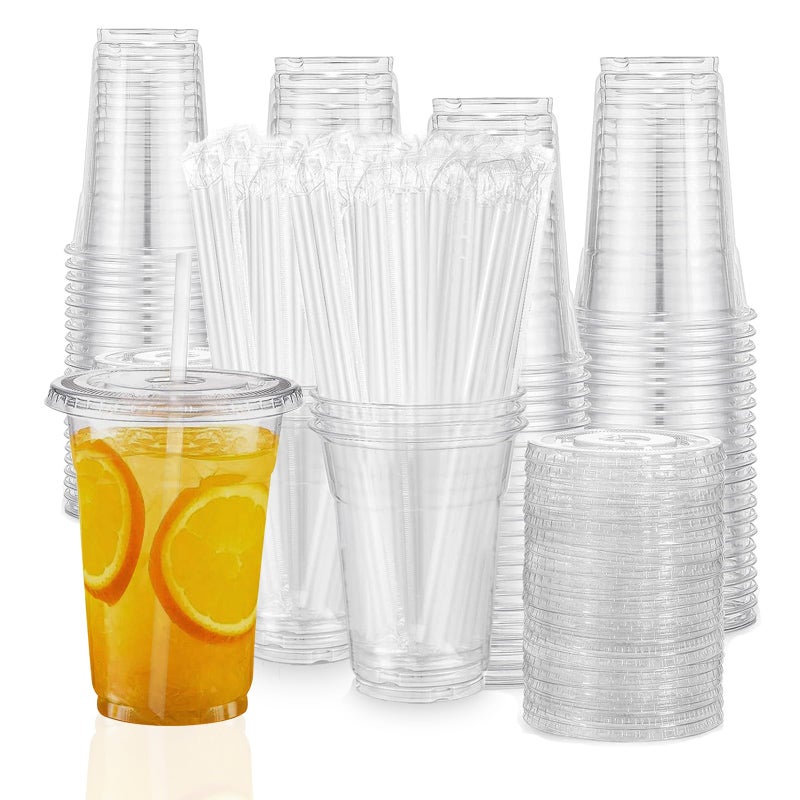 TahiBox Plastic cups with lids and straws 16 oz 100sets 100 cups  100 flat lids  100 strawsclear crystal disposable iced coffee cup with lids