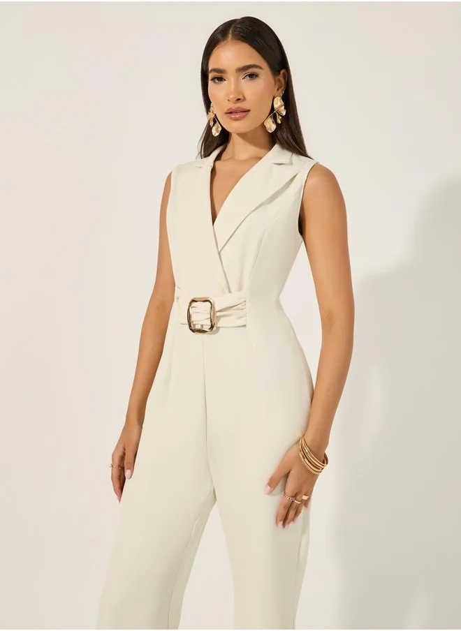 Styli non stretch fabric sleeveless wide leg fit jumpsuit with collar and lapel and gold belt buckle