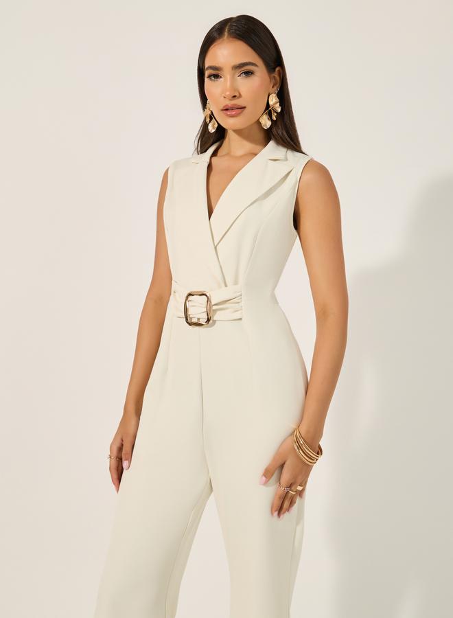 Styli non stretch fabric sleeveless wide leg fit jumpsuit with collar and lapel and gold belt buckle - Image 2