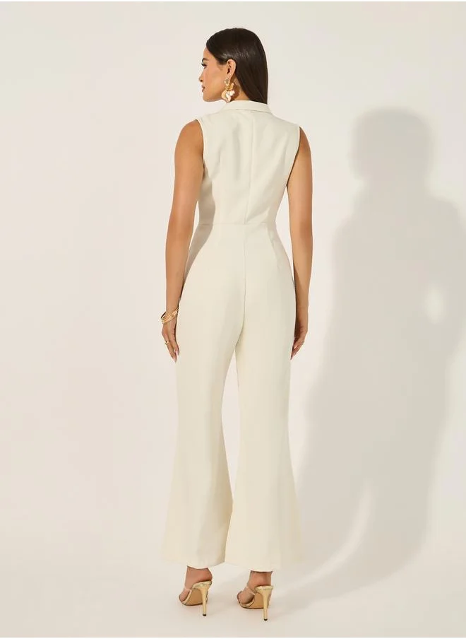 ستايلي non stretch fabric sleeveless wide leg fit jumpsuit with collar and lapel and gold belt buckle