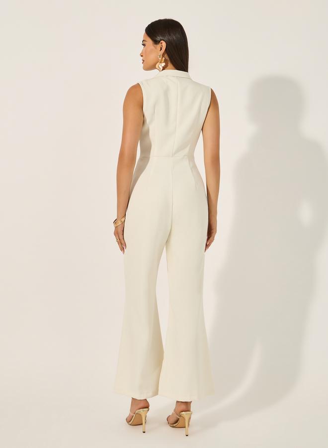 Styli non stretch fabric sleeveless wide leg fit jumpsuit with collar and lapel and gold belt buckle - Image 4