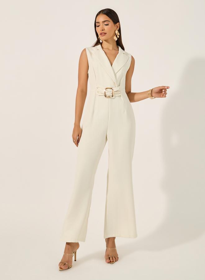 Styli non stretch fabric sleeveless wide leg fit jumpsuit with collar and lapel and gold belt buckle - Image 1