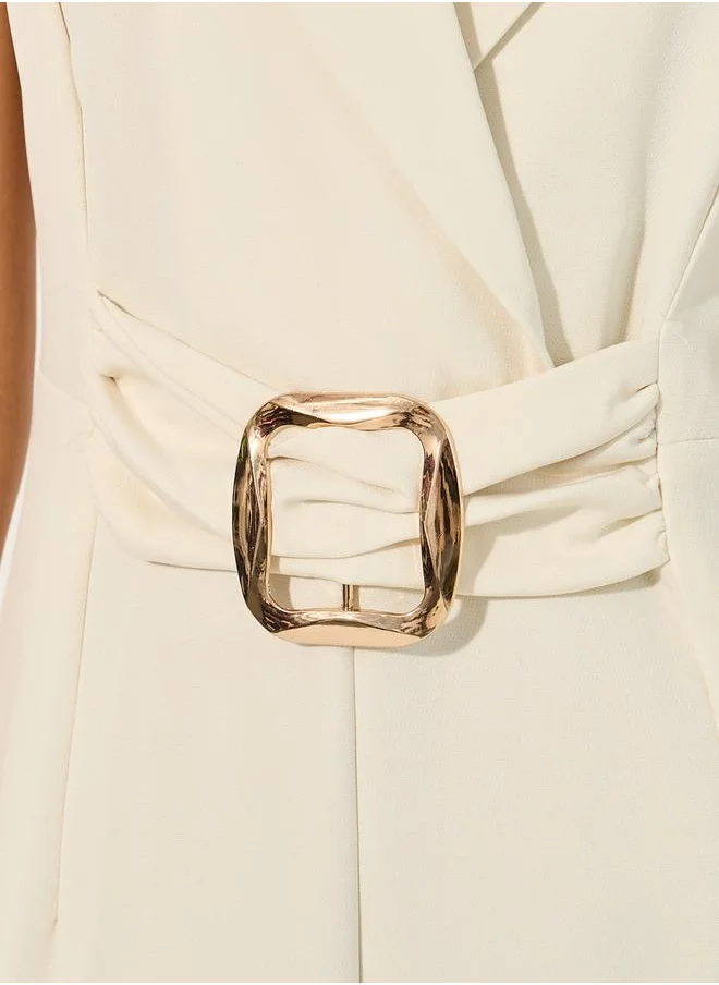 ستايلي non stretch fabric sleeveless wide leg fit jumpsuit with collar and lapel and gold belt buckle