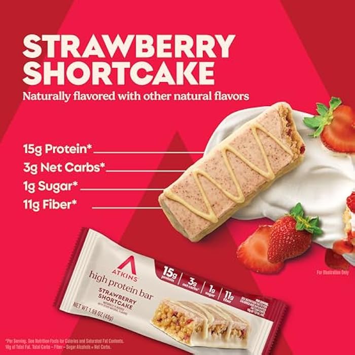 Atkins Strawberry Shortcake Flavor High Protein Bar, 15g Protein, 1g Sugar, 3g Net Carb, High Fiber Snacks, Keto Friendly Protein Bars, 4 Count (Pack of 6) - Image 2