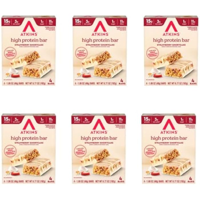 Atkins Strawberry Shortcake Flavor High Protein Bar, 15g Protein, 1g Sugar, 3g Net Carb, High Fiber Snacks, Keto Friendly Protein Bars, 4 Count (Pack of 6) - Image 1