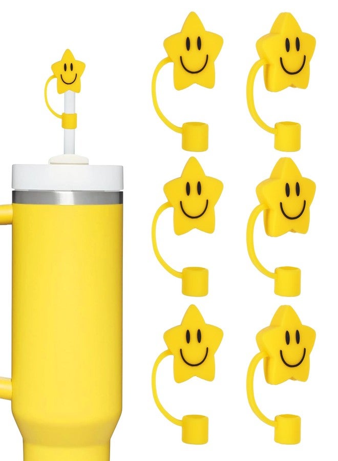 وولاين مجموعة أغطية شفاطات من والين، 6 قطع، مصنوعة من السيليكون الأصفر، قابلة لإعادة الاستخدام، بنقشة وجه مبتسم على الوجهين، مقاس 10 مم (0.4 بوصة)، مناسبة لأكواب سعة 30 و40 أونصة بمقبض. - Image 1