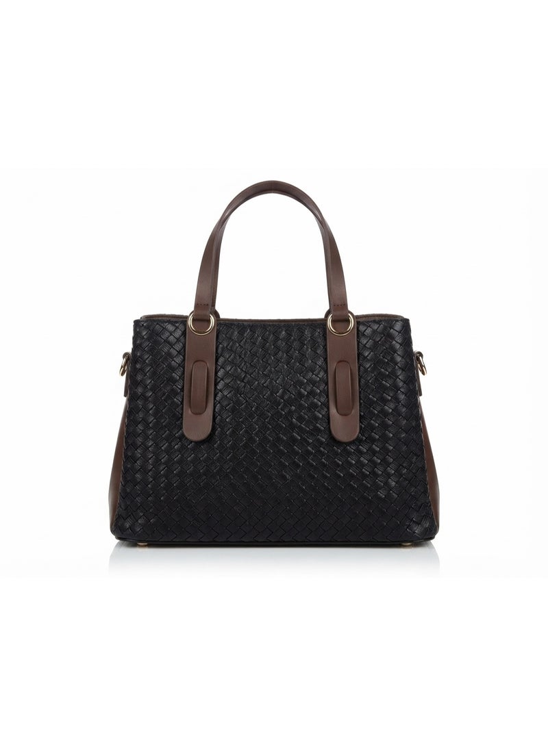 Women's Faux Leather Woven Handbag with Top Handles, Black and Brown - Image 2