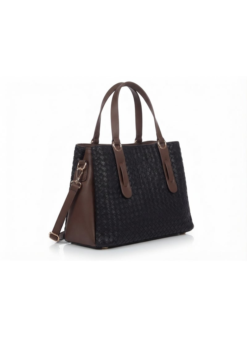 Women's Faux Leather Woven Handbag with Top Handles, Black and Brown - Image 1