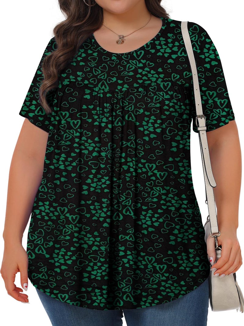 Tencede Womens Plus Size Tops Tunic Short Sleeve Crew Neck Shirts Casual Soft Blouse Green Heart 2X - Image 2