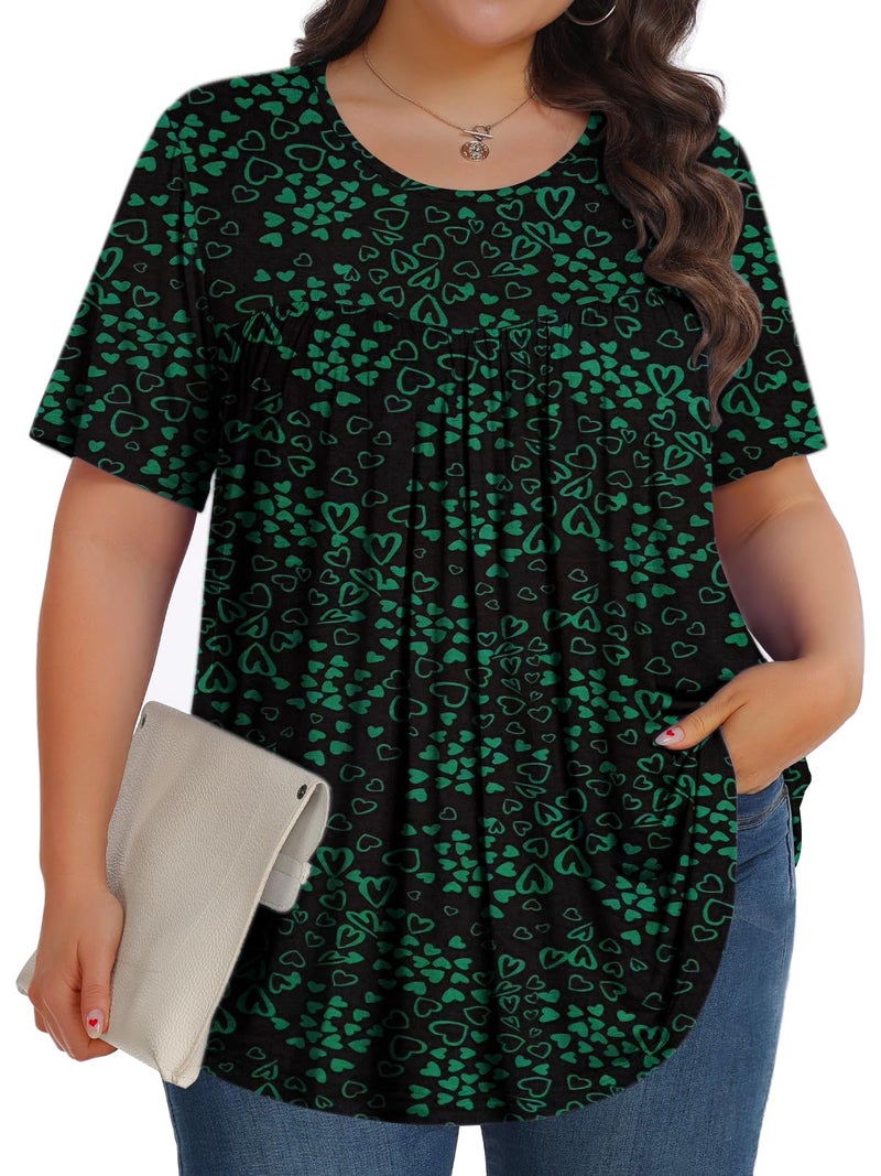 Tencede Womens Plus Size Tops Tunic Short Sleeve Crew Neck Shirts Casual Soft Blouse Green Heart 2X - Image 1