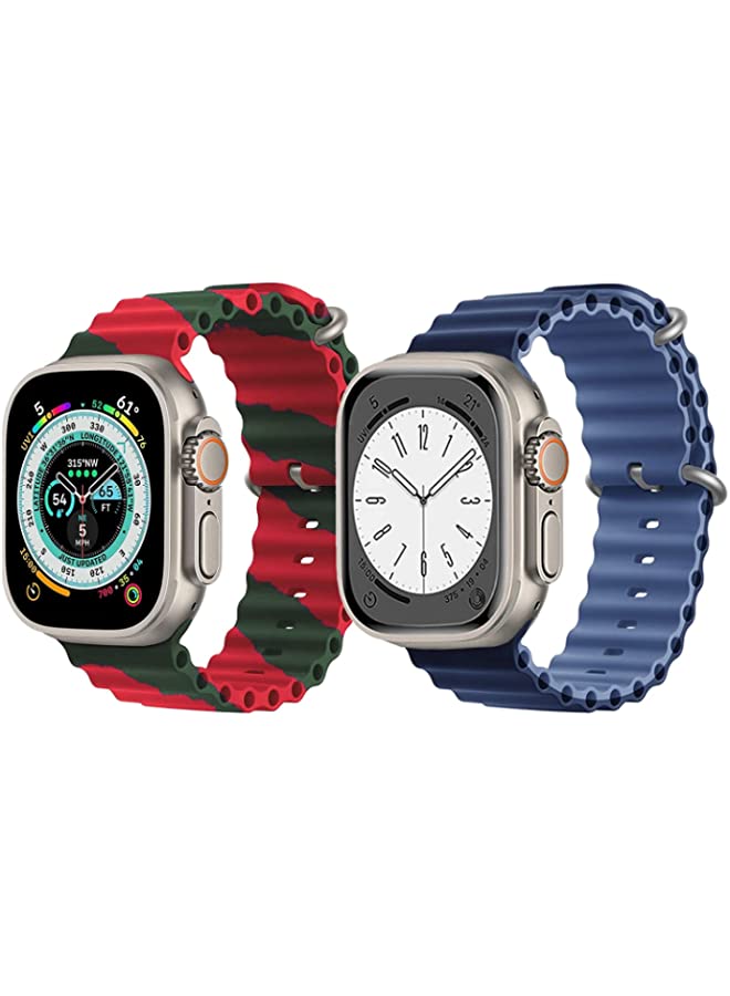 IAF Silicone Ocean Band Strap for Apple Watch Ultra 8 49mm Red/Green Double Line Strap with Navy Blue/Blue Double Side Strap Set of 2