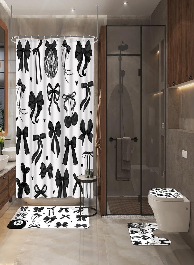 Lofaris Bow Shower Curtain Set 4 Pcs - Black and White Bathroom Sets with Shower Curtain and Rugs Coquette Bathroom Decor with Non-Slip Rugs & Toilet Lid Cover, Elegant Girly Bathroom Accessories - Image 2