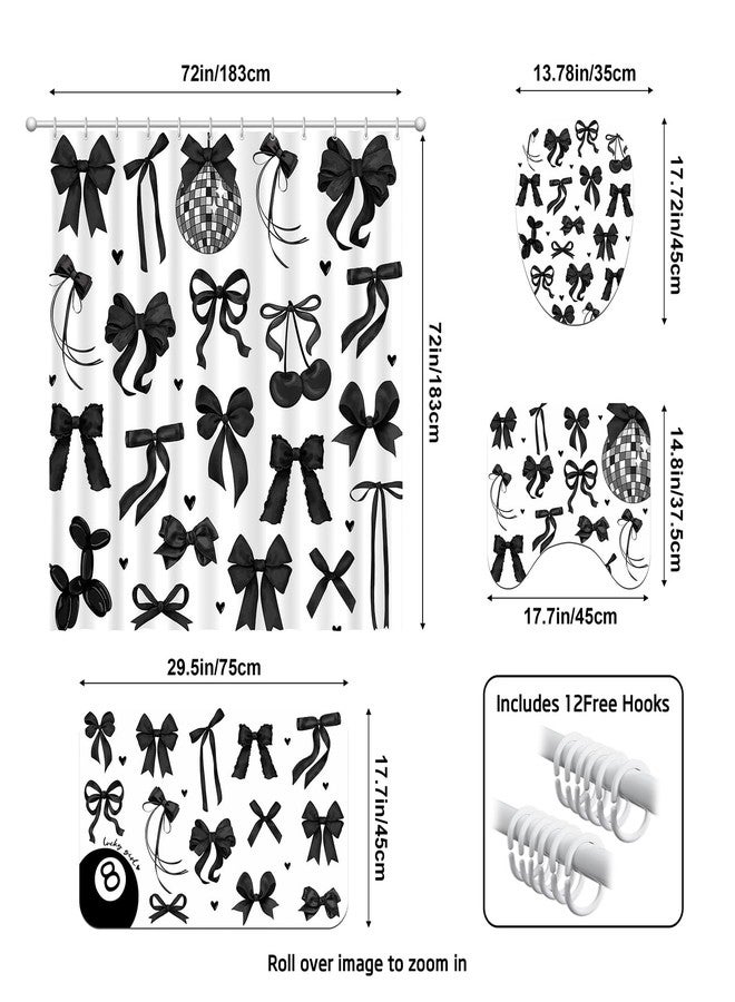 Lofaris Bow Shower Curtain Set 4 Pcs - Black and White Bathroom Sets with Shower Curtain and Rugs Coquette Bathroom Decor with Non-Slip Rugs & Toilet Lid Cover, Elegant Girly Bathroom Accessories - Image 3