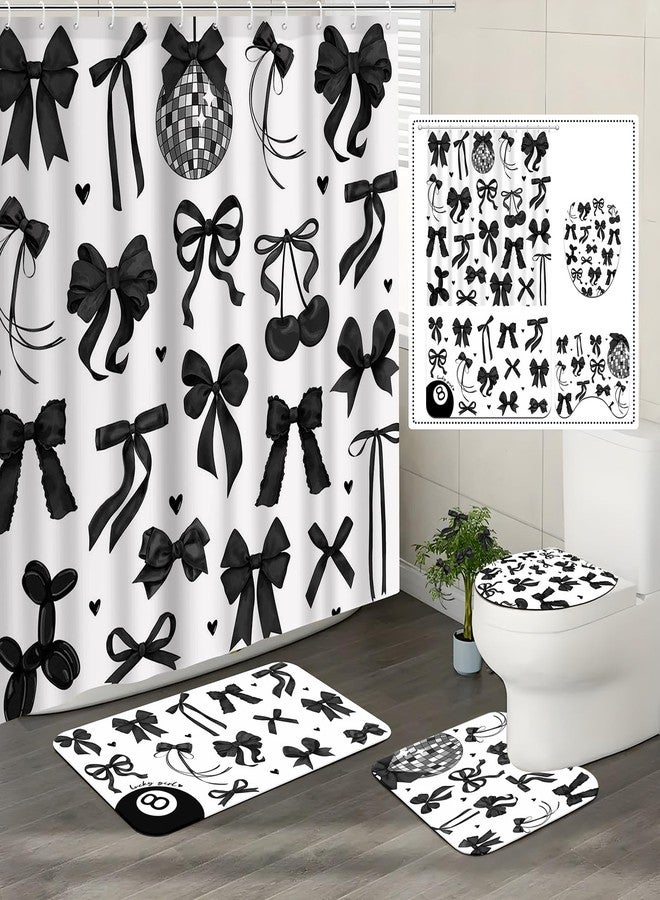 Lofaris Bow Shower Curtain Set 4 Pcs - Black and White Bathroom Sets with Shower Curtain and Rugs Coquette Bathroom Decor with Non-Slip Rugs & Toilet Lid Cover, Elegant Girly Bathroom Accessories - Image 1