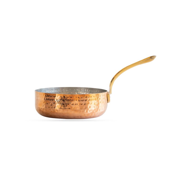 INDIAN ART VILLA Copper Cookware Round Pan with Hammered Design, Brass Handle and Tin Lining, 4.4 Inch - Copper Pan for Cooking & Serving, Ideal for Traditional & Modern Kitchen Use - Image 1