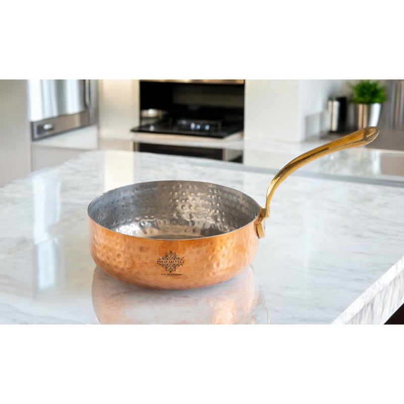 INDIAN ART VILLA Copper Cookware Round Pan with Hammered Design, Brass Handle and Tin Lining, 4.4 Inch - Copper Pan for Cooking & Serving, Ideal for Traditional & Modern Kitchen Use - Image 2
