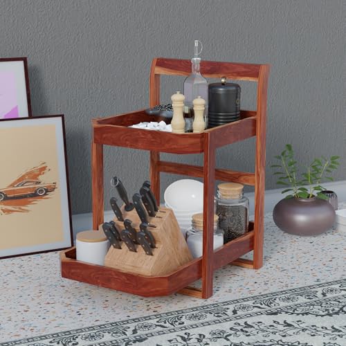 Furnelift Wooden Kitchen Organizer For Storage - Sheesham Wood Rack For Kitchen - 2 Tier Rack For Counter top Organizer - Jars And Bottle Holder (Premium Honey Finish) - Image 3