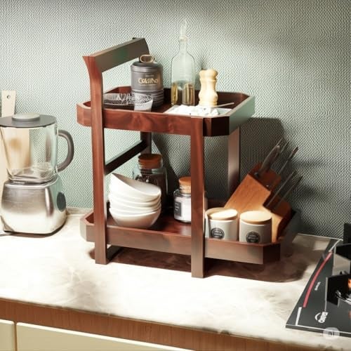 Furnelift Wooden Kitchen Organizer For Storage - Sheesham Wood Rack For Kitchen - 2 Tier Rack For Counter top Organizer - Jars And Bottle Holder (Premium Honey Finish) - Image 1