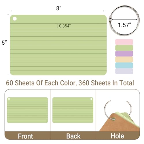 zmybcpack 6 Pack 360 Pcs Lined Index Cards 5 x 8 Inches, Assorted Colored Flash Cards with Ring, Lined Note Cards Study Flashcards for School, Office, College - Image 2