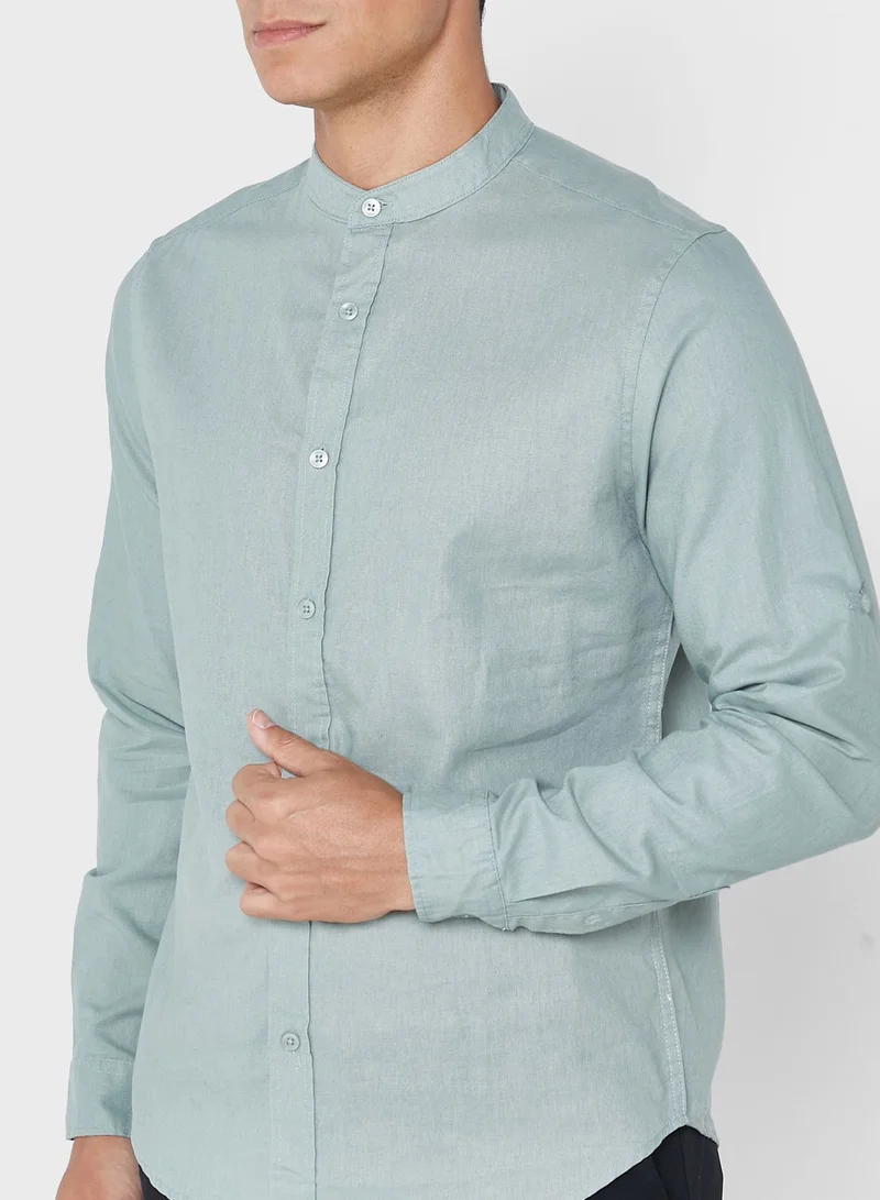 Robert Wood Short Sleeve Grandad Collar Linen Shirt