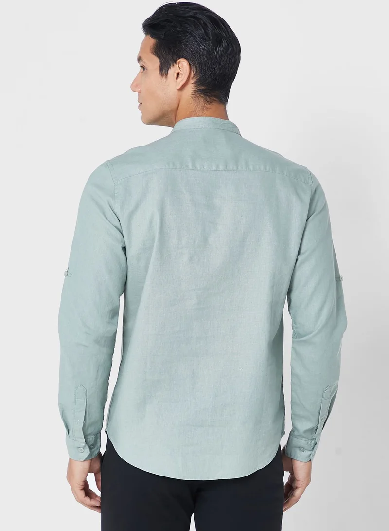Robert Wood Short Sleeve Grandad Collar Linen Shirt