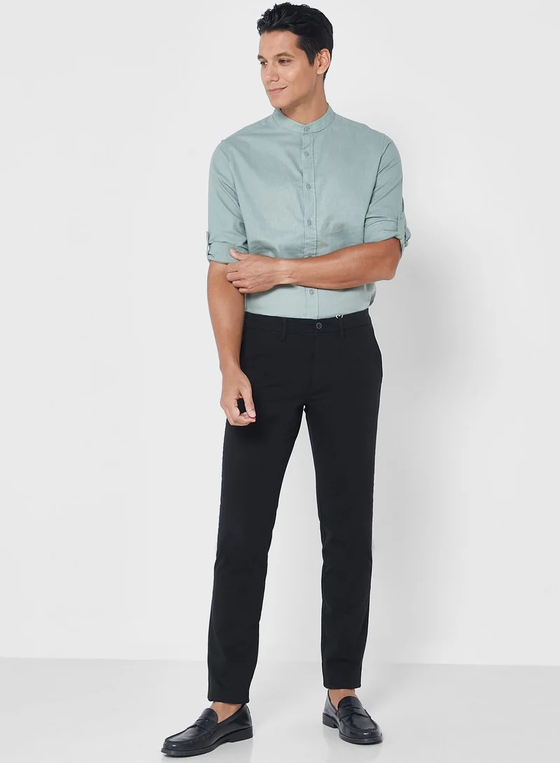 Robert Wood Short Sleeve Grandad Collar Linen Shirt
