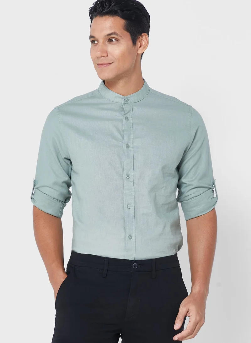 Robert Wood Short Sleeve Grandad Collar Linen Shirt