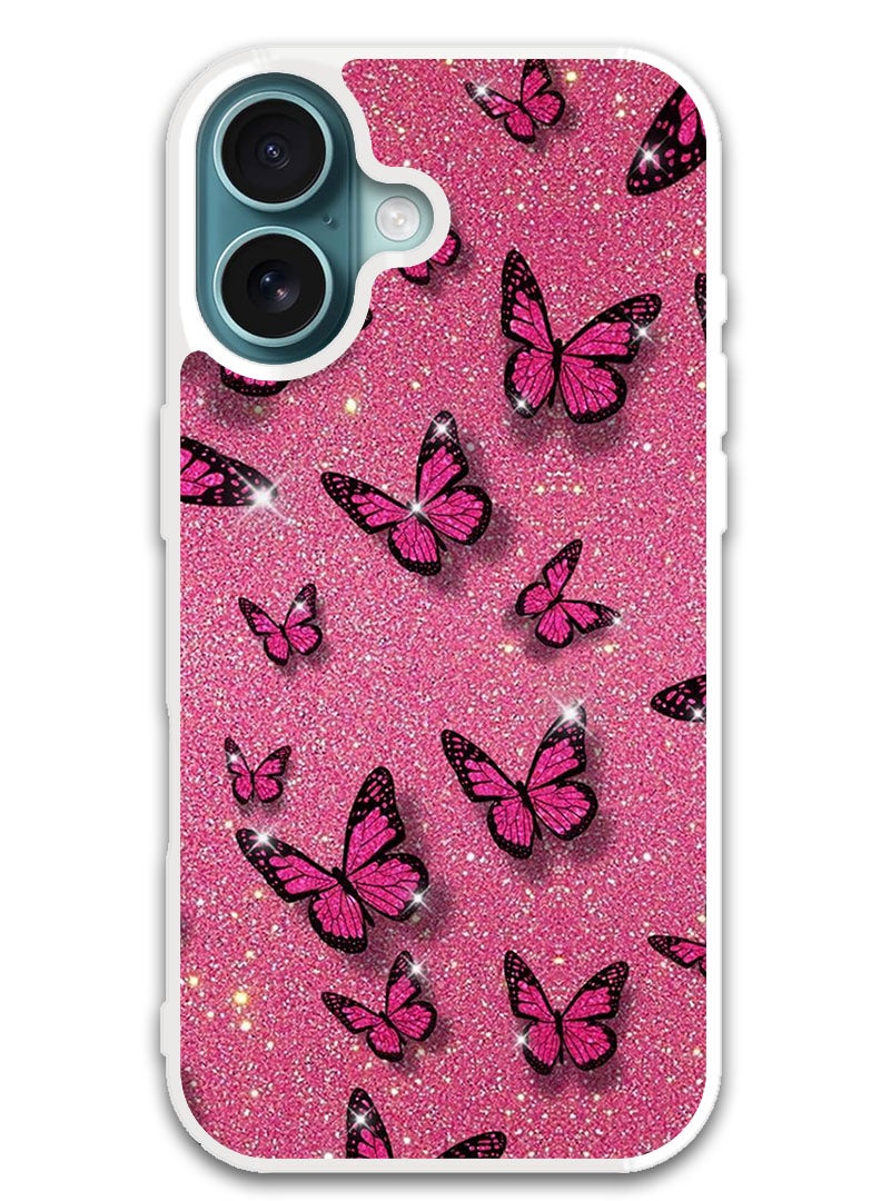 Theodor Protective Case Cover For APPLE IPHONE 16 Plus Pink Butterflies (White Bumper) - Image 1