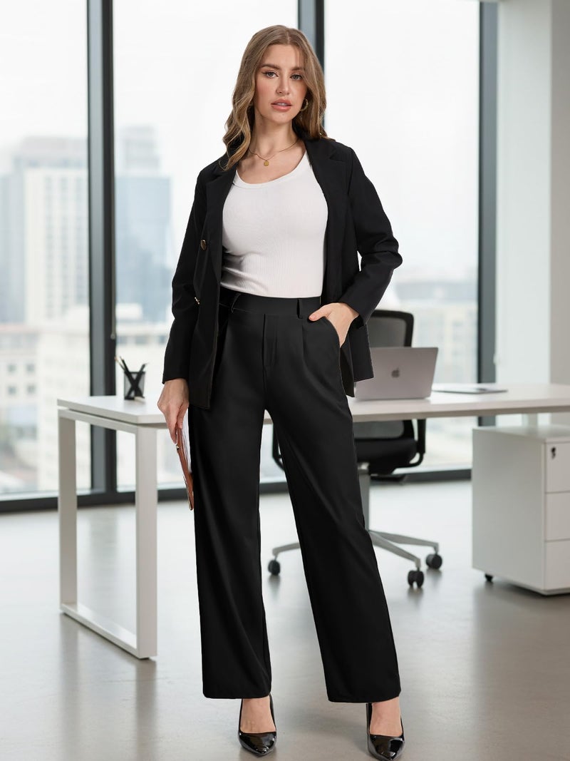 Feiersi Womens Dress Pants Wide Leg Stretchy Work Pants High Waisted Pull On Casual Trousers with Pockets(Black,X-Large) - Image 3