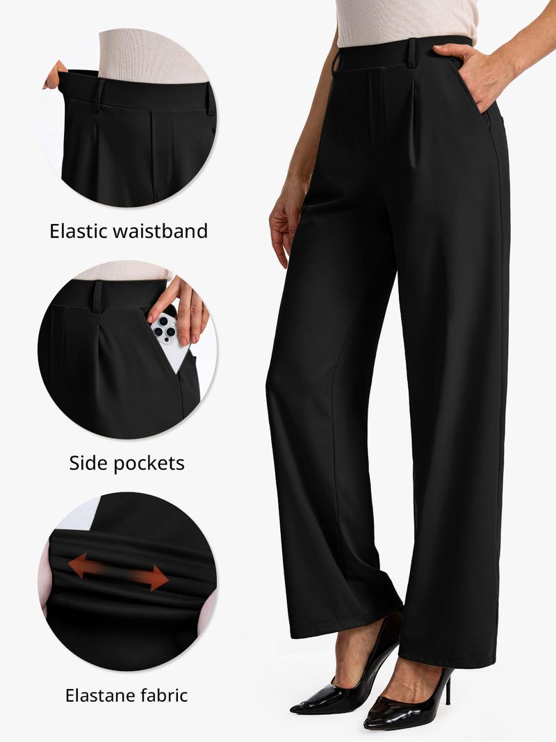 Feiersi Womens Dress Pants Wide Leg Stretchy Work Pants High Waisted Pull On Casual Trousers with Pockets(Black,X-Large) - Image 4