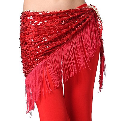 ZLTdream Women's Belly Dance Hip Scarf with Tassel Red - Image 1