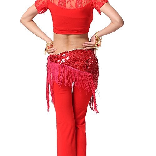 ZLTdream Women's Belly Dance Hip Scarf with Tassel Red - Image 2