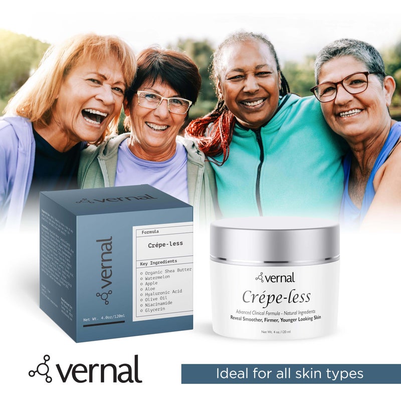 Vernal Crepe-less crepey skin firming cream to reduce crepey arms, neck & hands. Organic tightening cream to reduce thin wrinkled skin on arms, neck and body. Made in USA (4 Oz) - Image 2