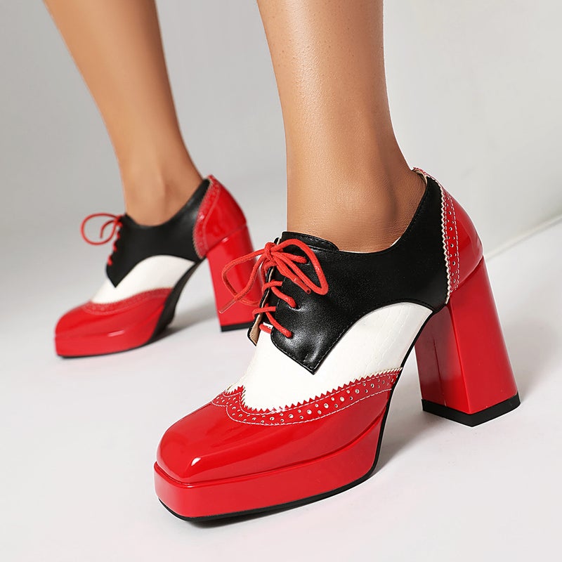 Supply Women'S Shoes And Fashionable 2025 Spring Super High Heels Thick Sole Color Matching Square Toe Front Lace-Up Mid-Mouth Shoes - Image 2