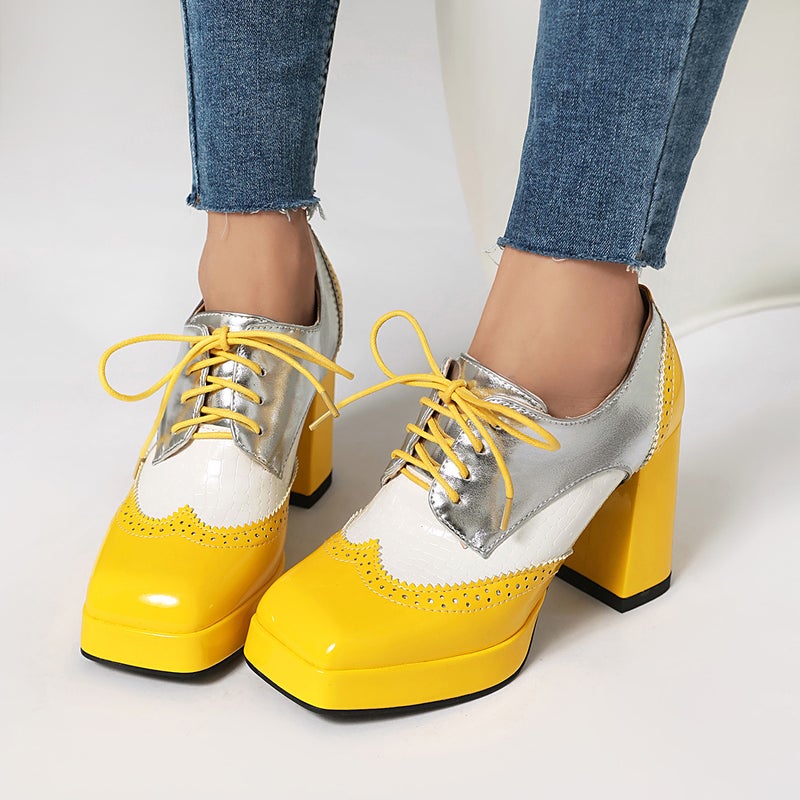 Supply Women'S Shoes And Fashionable 2025 Spring Super High Heels Thick Sole Color Matching Square Toe Front Lace-Up Mid-Mouth Shoes - Image 3