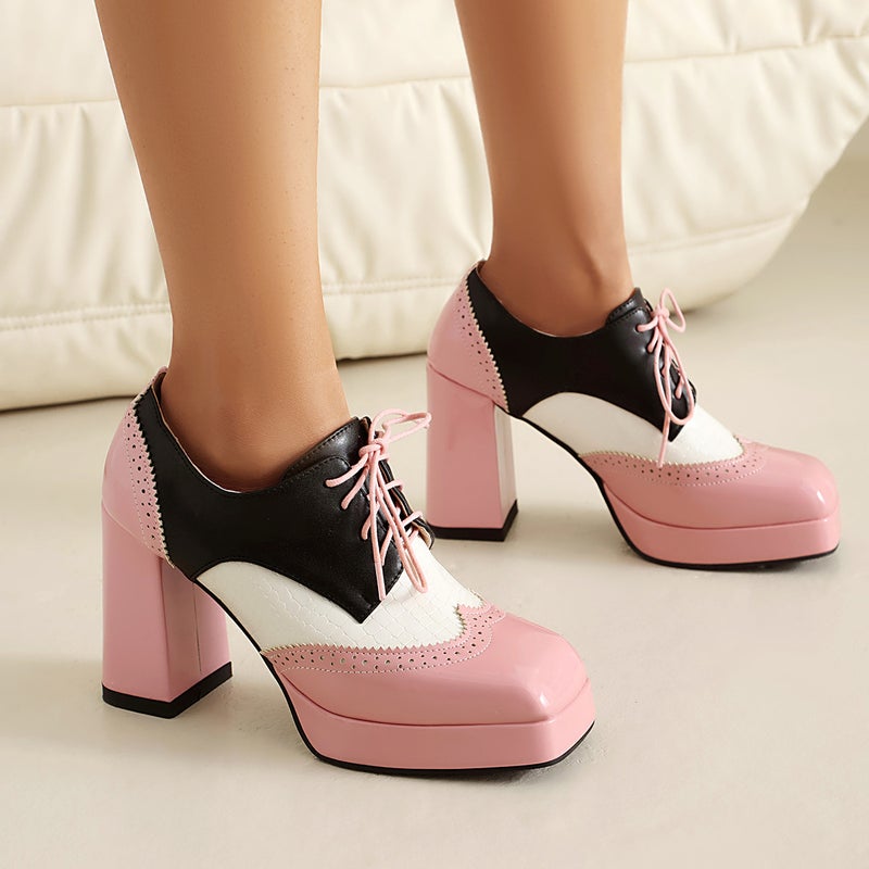 Supply Women'S Shoes And Fashionable 2025 Spring Super High Heels Thick Sole Color Matching Square Toe Front Lace-Up Mid-Mouth Shoes - Image 5