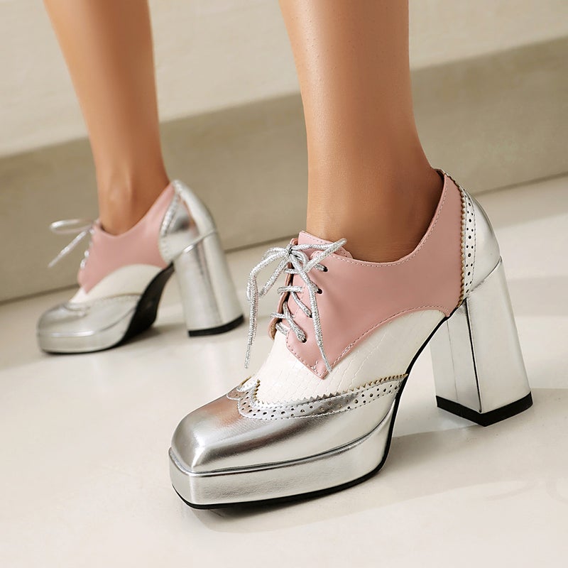 Supply Women'S Shoes And Fashionable 2025 Spring Super High Heels Thick Sole Color Matching Square Toe Front Lace-Up Mid-Mouth Shoes - Image 4