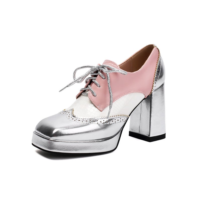 Supply Women'S Shoes And Fashionable 2025 Spring Super High Heels Thick Sole Color Matching Square Toe Front Lace-Up Mid-Mouth Shoes - Image 1