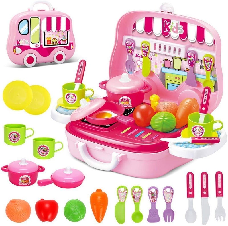 twisha enterprise pretend play carry along kitchen food play set for girls (26 pcs w/o stickers) (ice cream candy)-Pink - Image 1