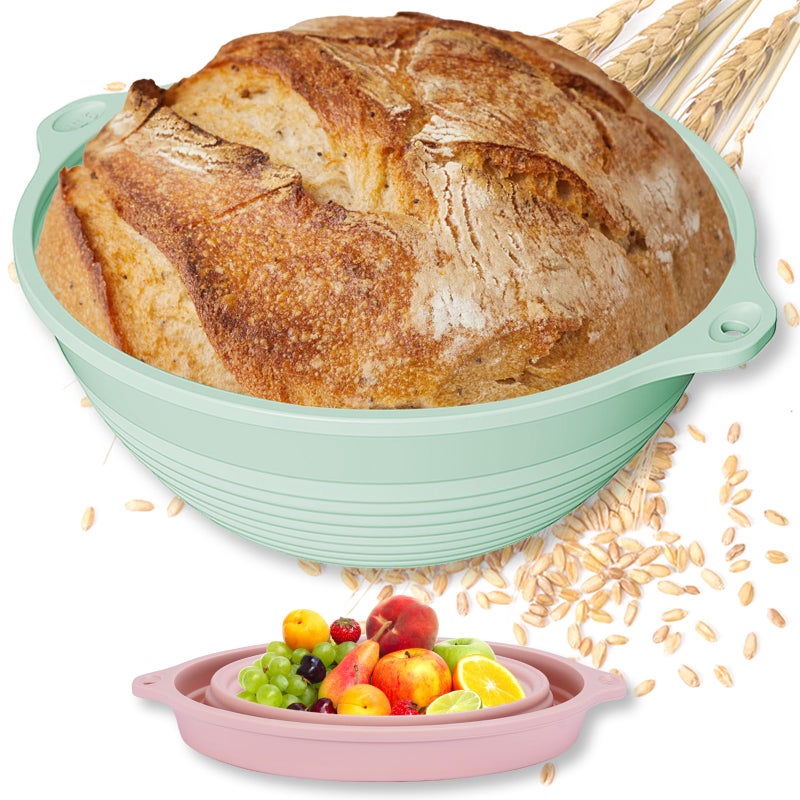 HEBEICRMY 2-Pack All-in-One Silicone Bread Proofing Baskets for Sourdough, Foldable Proofing & Baking Bowls with Dual Handles & Built-In Reinforced Rim, Oven & Dishwasher Safe, BPA-Free (Green+Pink) - Image 1