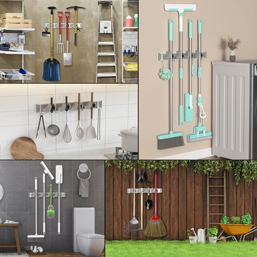 Holikme Mop Broom Holder Wall Mount Metal Pantry Organization and Storage Garden Kitchen Tool Organizer Wall Hanger for Home Goods (4 Positions with 4 Hooks, Silver) - Image 5