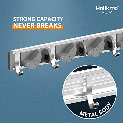Holikme Mop Broom Holder Wall Mount Metal Pantry Organization and Storage Garden Kitchen Tool Organizer Wall Hanger for Home Goods (4 Positions with 4 Hooks, Silver) - Image 2