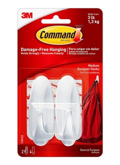 Designer Medium Hooks Holds 1.3 Kg Each Hook White Color Organize Decoration No Tools Holds Strongly Damage Free Hanging 2 Hooks Plus 3 Strips/Pack