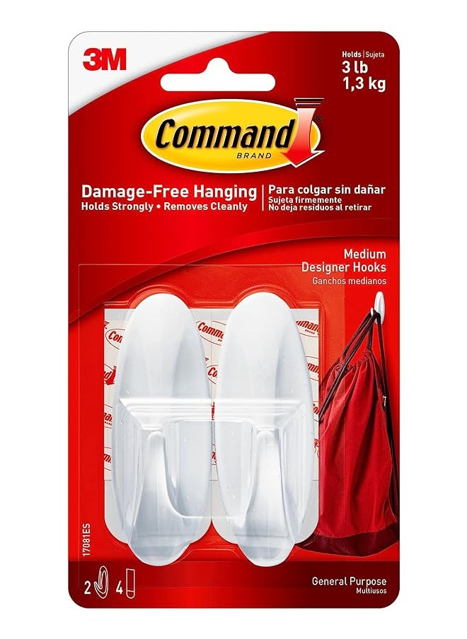 Command - Designer Medium Hooks Holds 1.3 Kg Each Hook White Color Organize Decoration No Tools Holds Strongly Damage Free Hanging 2 Hooks Plus 3 Strips/Pack - Image 1