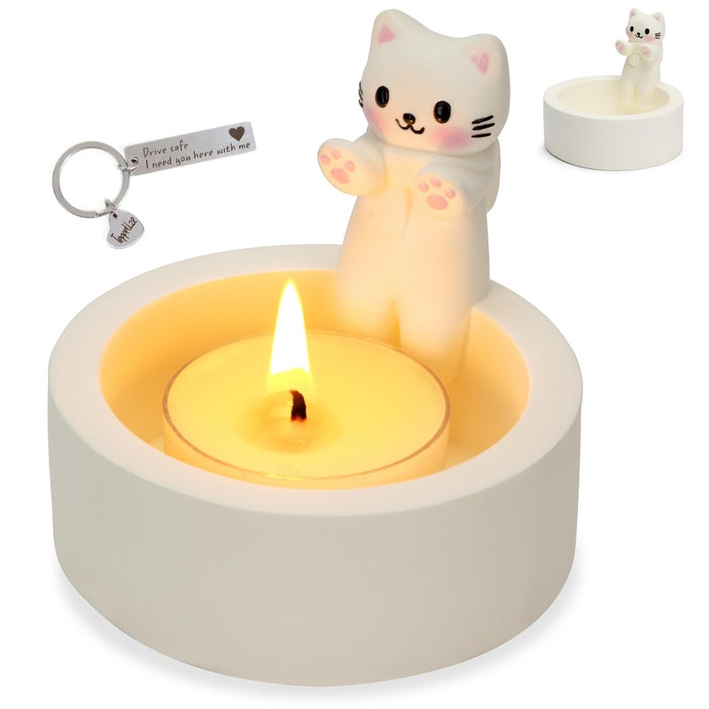 Teppellze Cat Candle Holder Cute Kitty Cartoon Kitten Candle Holder Warming Paws Plaster Handmade Tea Light Candle Sticks Holder Home Decor Gifts for Cat Lovers with Keychain for Free. - Image 1
